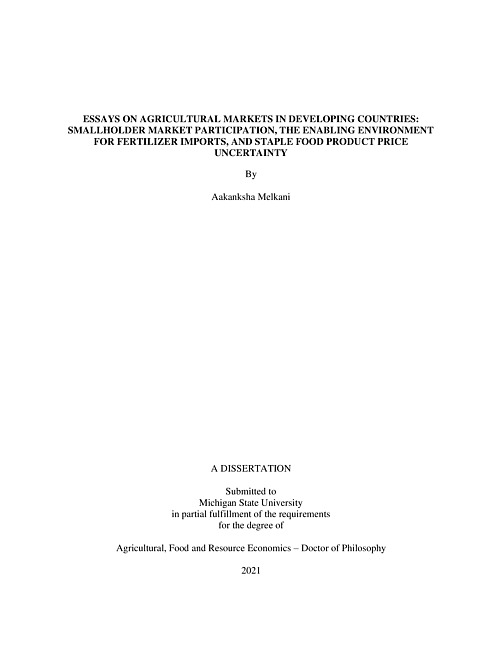 Essays on agricultural markets in developing countries : smallholder market participation, the enabling environment for fertilizer imports, and staple food product price uncertainty