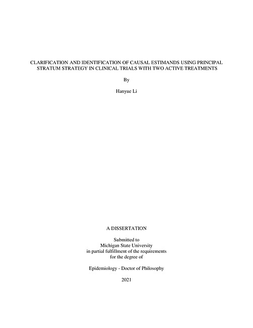 Clarification and identification of causal estimands using principal stratum strategy in clinical trials with two active treatments