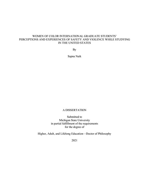 Women of color international graduate students' perceptions and experiences of safety and violence while studying in the United States