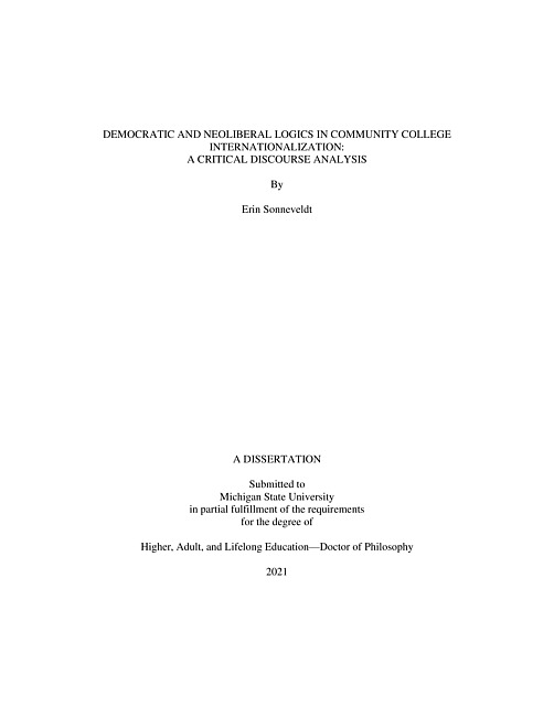 DEMOCRATIC AND NEOLIBERAL LOGICS IN COMMUNITY COLLEGE INTERNATIONALIZATION : A CRITICAL DISCOURSE ANALYSIS
