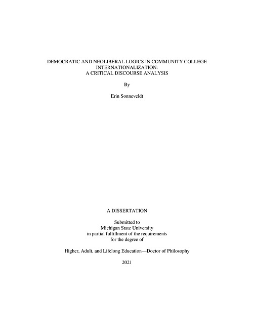 Democratic and neoliberal logics in community college internationalization : a critical discourse analysis