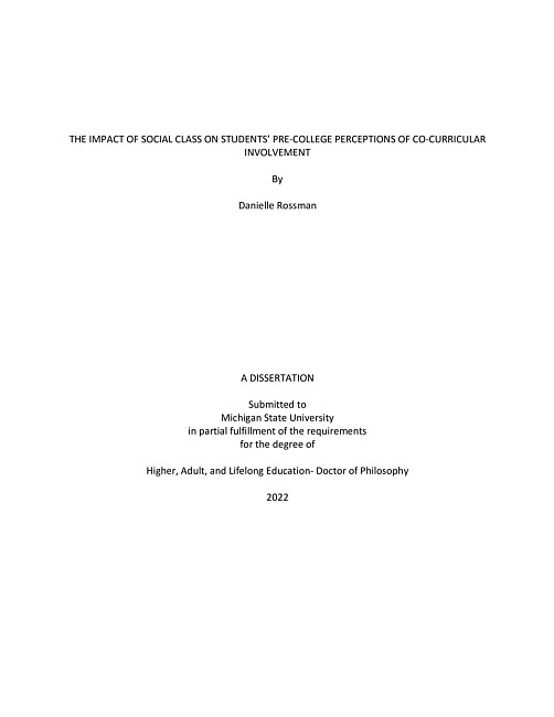 The impact of social class on students' pre-college perceptions of co-curricular involvement