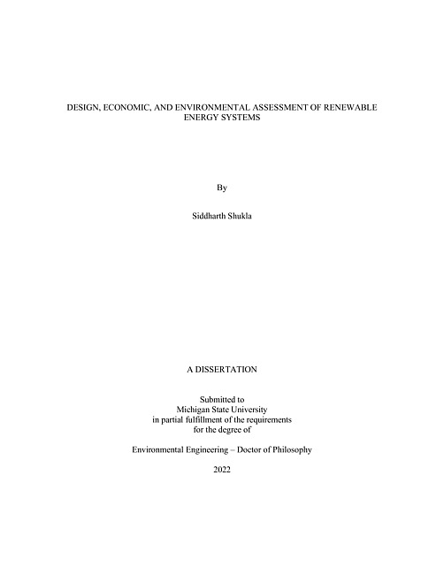 Design, economic, and environmental assessment of renewable energy systems