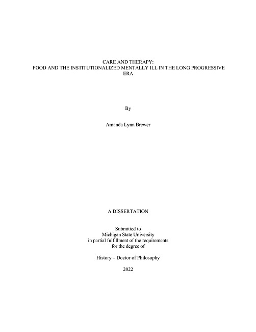 Care and therapy : food and the institutionalized mentally ill in the long Progressive Era