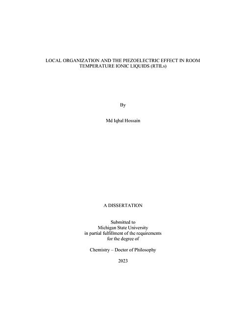 LOCAL ORGANIZATION AND THE PIEZOELECTRIC EFFECT IN ROOM TEMPERATURE IONIC LIQUIDS (RTILs)