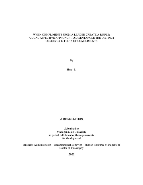 WHEN COMPLIMENTS FROM A LEADER CREATE A RIPPLE : A DUAL AFFECTIVE APPROACH TO DISENTANGLE THE DISTINCT OBSERVER EFFECTS OF COMPLIMENTS