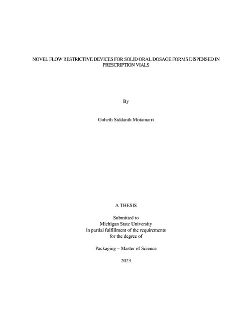NOVEL FLOW RESTRICTIVE DEVICES FOR SOLID ORAL DOSAGE FORMS DISPENSED IN PRESCRIPTION VIALS