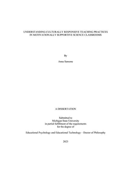Understanding culturally responsive teaching practices in motivationally supportive science classrooms