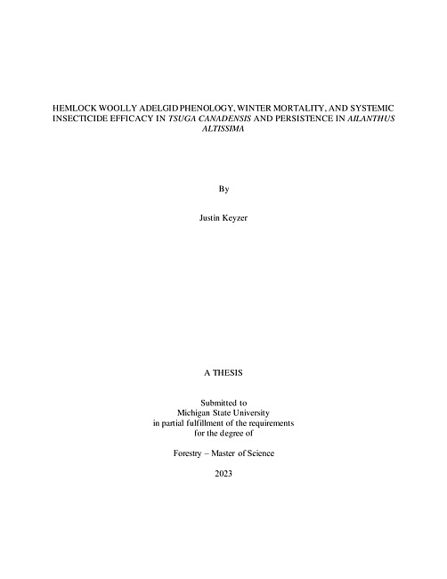 Hemlock woolly adelgid phenology, winter mortality, and systemic insecticide efficacy in Tsuga canadensis and persistence in Ailanthus altissima