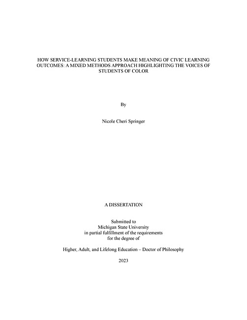 How service-learning students make meaning of civic learning outcomes : a mixed methods approach highlighting the voices of students of color