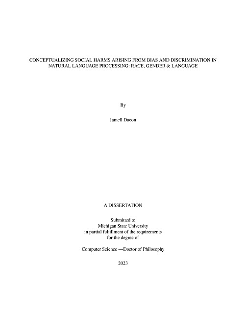 Conceptualizing Social Harms Arising from Bias and Discrimination in Natural Language Processing : Race, Gender & Language