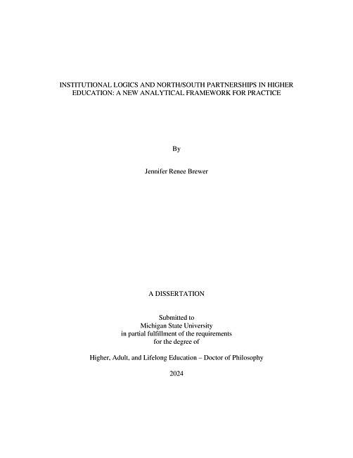 INSTITUTIONAL LOGICS AND NORTH/SOUTH PARTNERSHIPS IN HIGHER EDUCATION : A NEW ANALYTICAL FRAMEWORK FOR PRACTICE