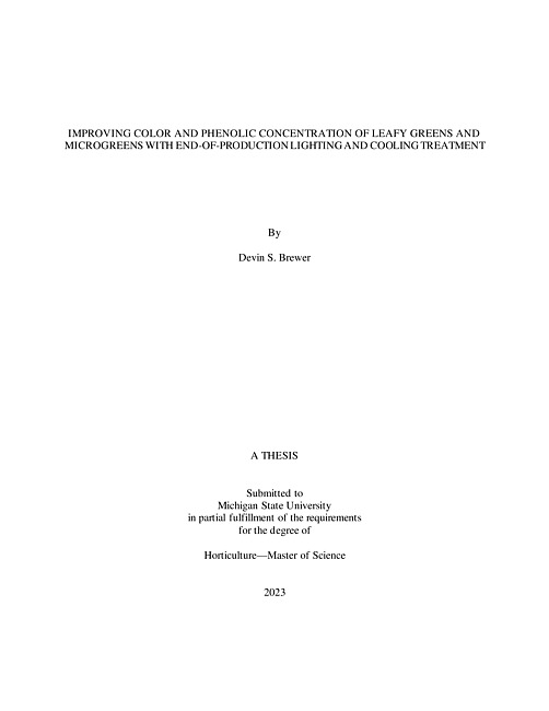 IMPROVING COLOR AND PHENOLIC CONCENTRATION OF LEAFY GREENS AND MICROGREENS WITH END-OF-PRODUCTION LIGHTING AND COOLING TREATMENT