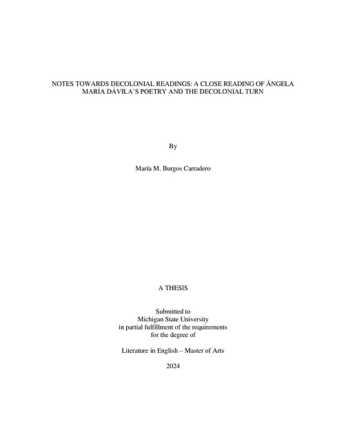 NOTES TOWARDS DECOLONIAL READINGS : A CLOSE READING OF ÁNGELA MARÍA DÁVILA’S POETRY AND THE DECOLONIAL TURN