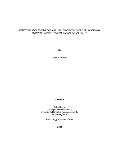 EFFECT OF ADOLESCENT COCAINE USE : CONTEXT-INDUCED DRUG SEEKING BEHAVIORS AND HIPPOCAMPAL NEUROPLASTICITY