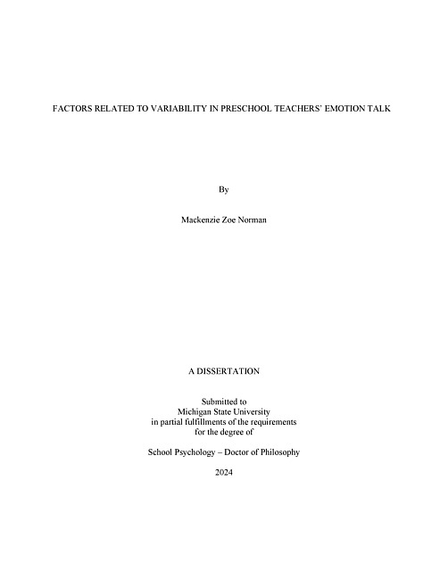 Factors Related to Variability in Preschool Teachers' Emotion Talk