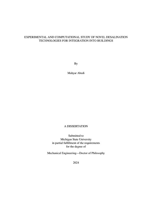 Experimental and Computational Study of Novel Desalination Technologies for Integration into Buildings