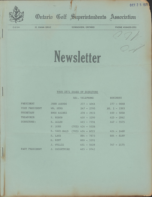 Ontario Golf Superintendents Association newsletter. (1971 October)