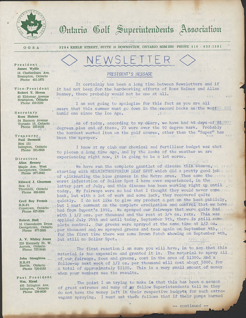 Ontario Golf Superintendents Association newsletter. (1973 August)