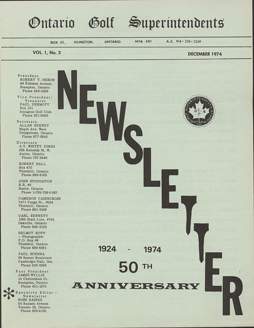 Ontario Golf Superintendents newsletter. Vol. 1 no. 3 (1974 December)