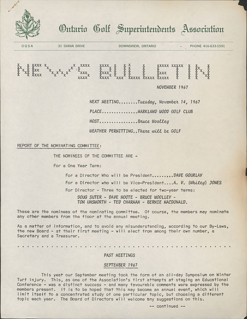 Ontario Golf Superintendents Association news bulletin. (1967 November)