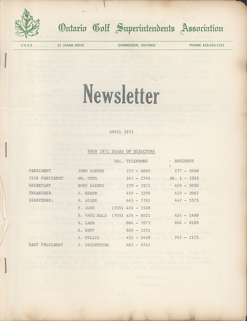 Ontario Golf Superintendents Association newsletter. (1971 April)