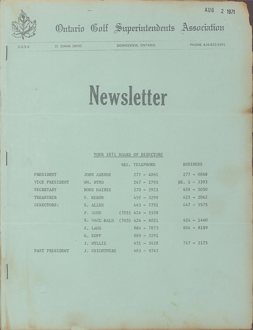 Ontario Golf Superintendents Association newsletter. (1971 August)