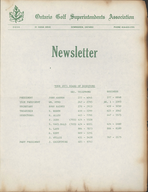 Ontario Golf Superintendents Association newsletter. (1971 June)