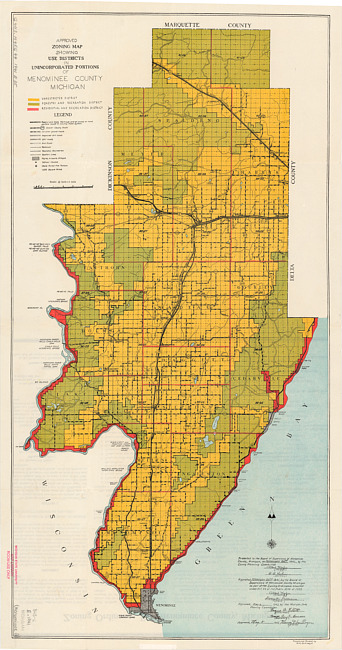 Approved zoning map showing use districts in unincorporated portions of Menominee County, Michigan