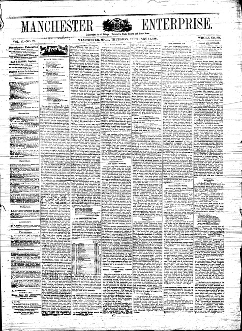 Manchester enterprise. Vol. 17 no. 22 (1884 February 14)