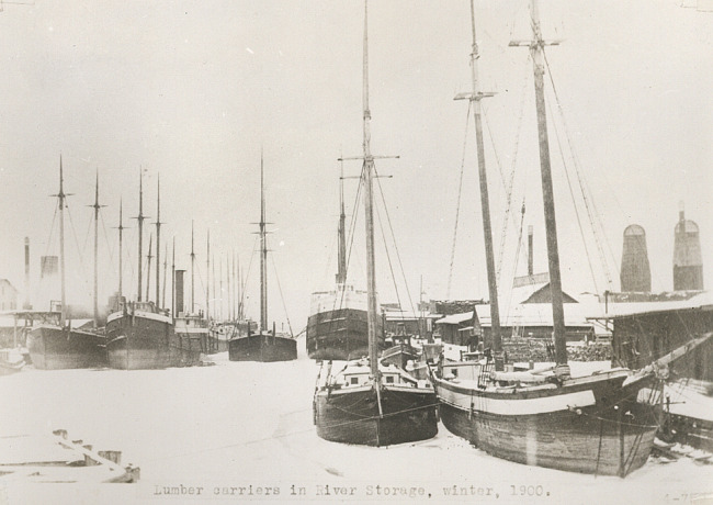 Lumber Carriers in River Storage, Thunder Bay River