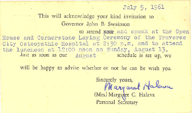 Governor John B. Swanson Invitation Acknowledgement