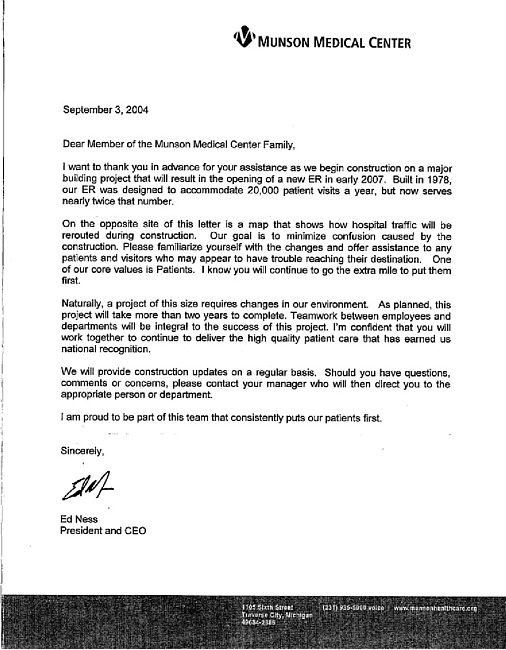 Letter Sent to Munson Employees Regarding Construction of New Emergency Room