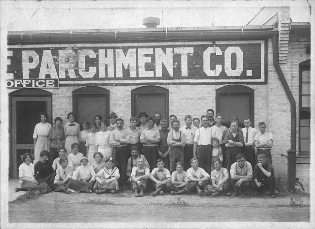Male and female employees outside Kalamazoo Vegetable Parchment Company