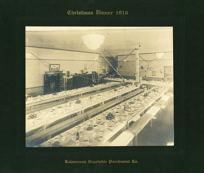 Tables set for KVP Company Christmas dinner 1916 KVP Company Christmas dinner 1916, with people at tables