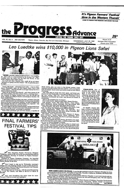 Clippings from The progress advance. Vol. 87 no. 4 (1984 July 26)