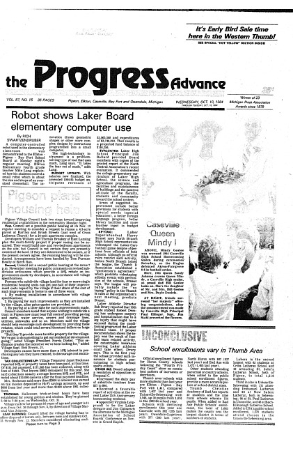 Clippings from The progress advance. Vol. 87 no. 15 (1984 October 10)