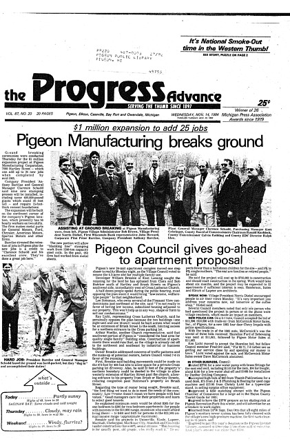 Clippings from The progress advance. Vol. 87 no. 20 (1984 November 14)