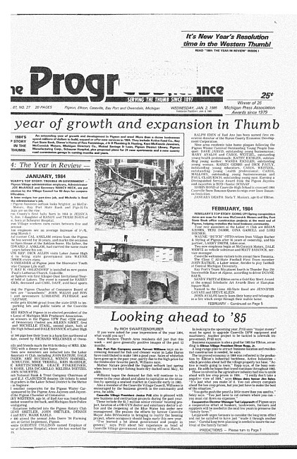 Clippings from The progress advance. Vol. 87 no. 27 (1985 January 2)