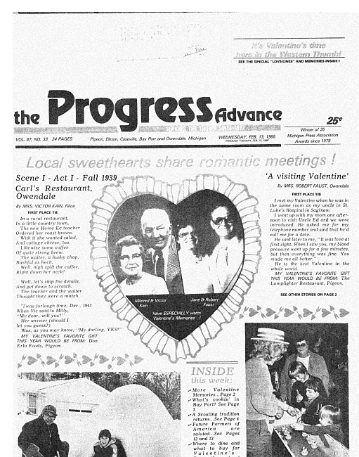 Clippings from The progress advance. Vol. 87 no. 33 (1985 February 13)