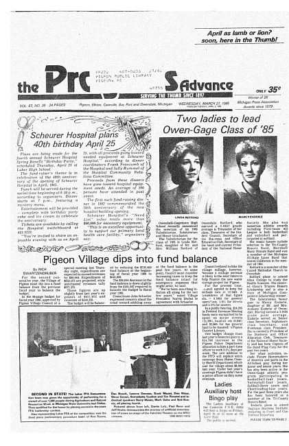 Clippings from The progress advance. Vol. 87 no. 39 (1985 March 27)
