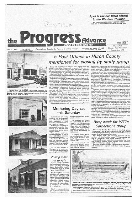 Clippings from The progress advance. Vol. 87 no. 42 (1985 April 17)