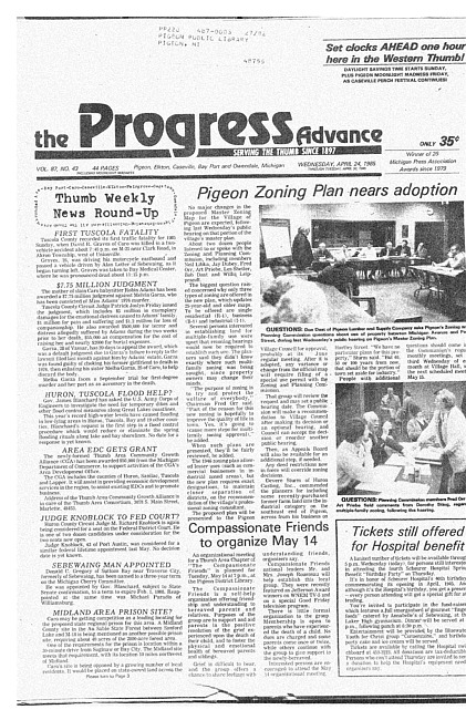 Clippings from The progress advance. Vol. 87 no. 43 (1985 April 24)