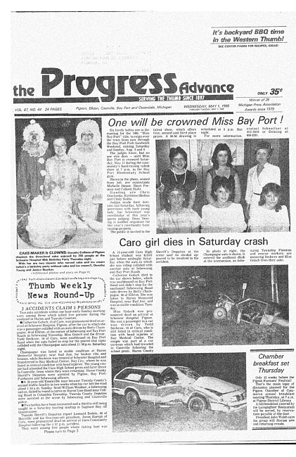 Clippings from The progress advance. Vol. 87 no. 44 (1985 May 1)