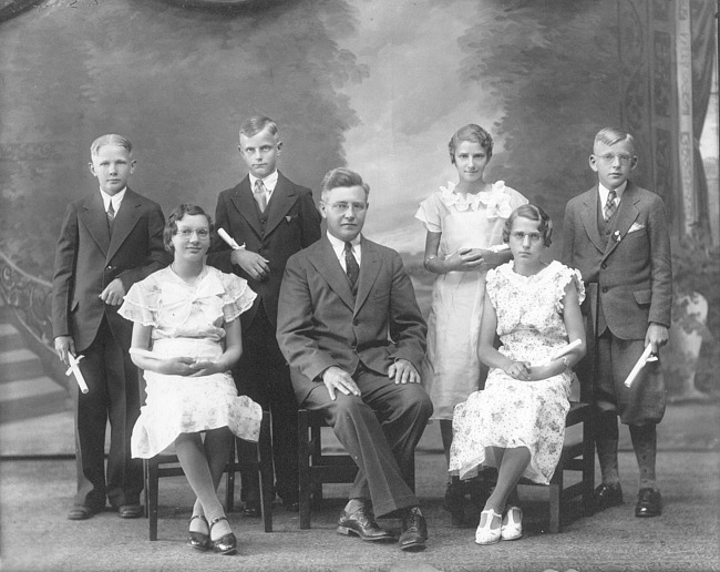 Class of 1935 Moline Christian School graduates with Principal Richard Kass