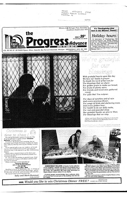 Clippings from The progress advance. Vol. 89 no. 22 (1986 November 26)