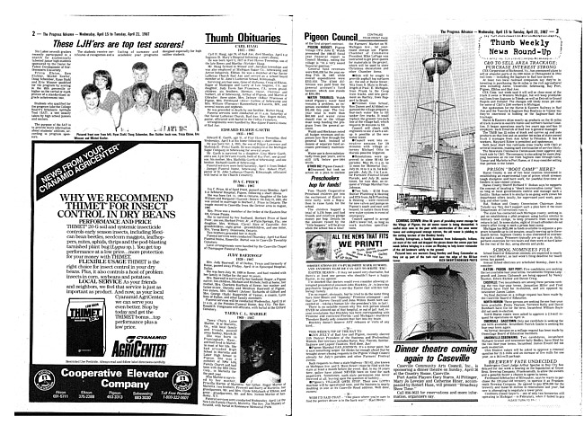 Clippings from The progress advance. Vol. 89 no. 42 (1987 April 15)