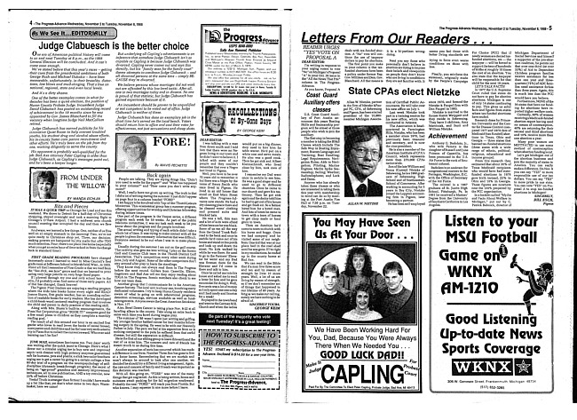 Clippings from The progress advance. Vol. 91 no. 20 (1988 November 2)