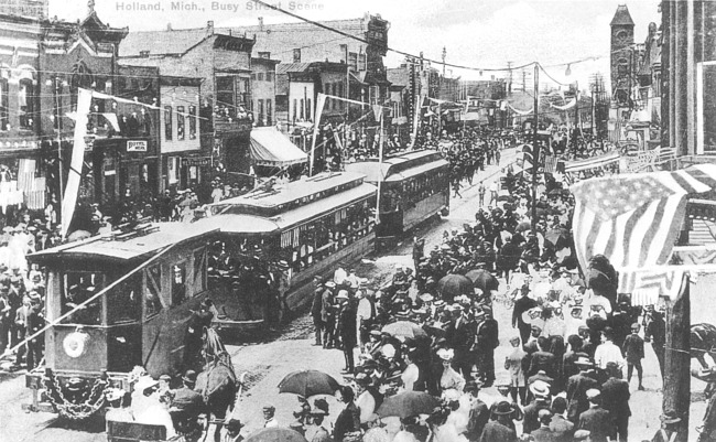 Busy street scene with trolleys