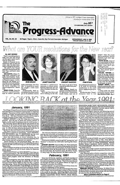 Clippings from The progress advance. Vol. 94 no. 29 (1992 January 8)